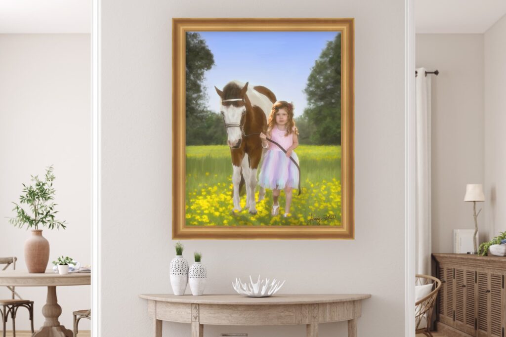 Mixed media painted portrait of a girl with her pony by Sandy Flint near Round Top, Texas